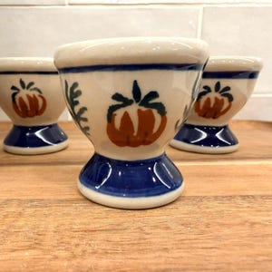 Polish Pottery Egg Cup Pumpkin Hand Painted Ceramic Blue Cream Farmhouse Harvest