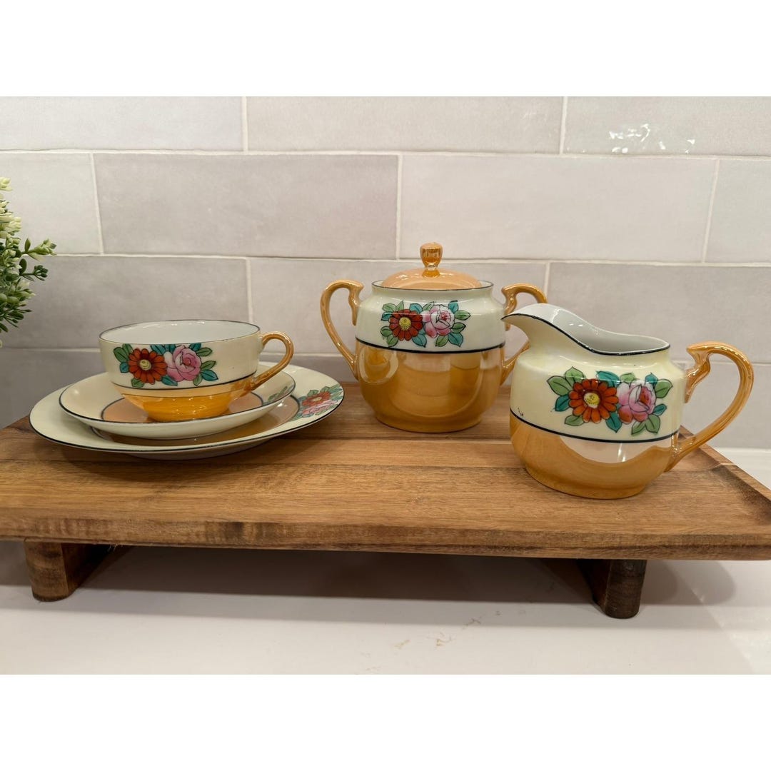Luster Tea Set Vintage Lusterware Tea Set Floral Hand Painted Sugar Creamer Cup Saucer ...