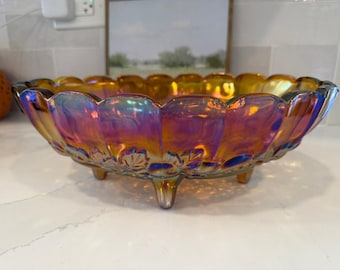 Vintage Indiana Glass Iridescent Carnival Glass Footed Oval Fruit Design Bowl