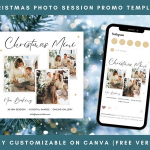 May include: A social media post template for a Christmas mini photo session. The template features a white background with a gold star and a beige rectangle with the text "Christmas Mini" in black script. The rectangle contains four photos of families posing in front of a Christmas tree. The text "Now Booking" is below the photos, followed by the details of the session: 30-minute session, 15 digital images, online gallery, and an email address. The template is easily customizable on Canva.