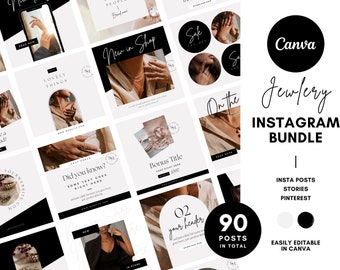 Canva Social Media Jewelry Template, Canva Instagram Templates Bundle, Neutral Black White Cream, Minimalist Business Boutique, Insta Quotes