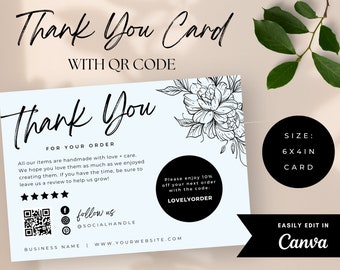 Thank You Cards Business Customizable, Canva template, QR Code, Minimalist Light Blue + Cream Floral Card, Printable, Modern Simple Card