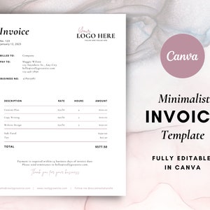 Minimalist Canva Invoice Template, INSTANT DOWNLOAD, Invoices for Small Businesses, Simple, Rose, Clean Editable Receipt, Digital, Printable