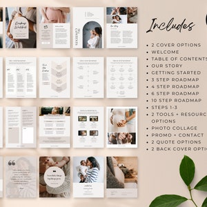 May include: A 20-page pregnancy roadmap workbook with a beige and white design. The workbook includes cover options, welcome pages, a table of contents, and various roadmap steps. The text includes "Pregnancy Roadmap Workbook" and "Includes 20 Pages."