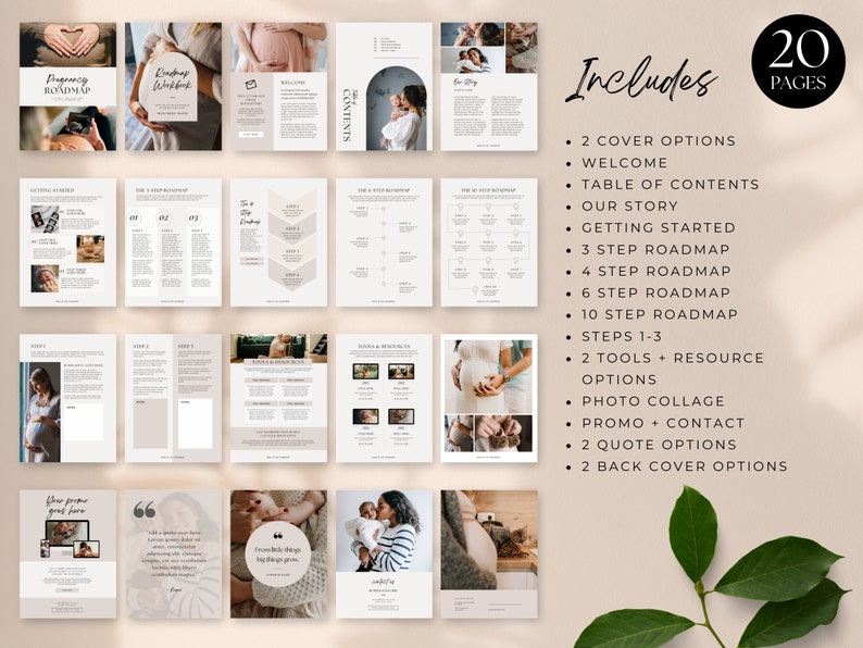 May include: A 20-page pregnancy roadmap workbook with a beige and white design. The workbook includes cover options, welcome pages, a table of contents, and various roadmap steps. The text includes "Pregnancy Roadmap Workbook" and "Includes 20 Pages."