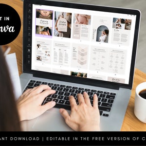 May include: A laptop displaying a digital document with a light beige and white design. The document includes text and images related to pregnancy and childbirth. The laptop is on a wooden surface, with a white mug of coffee to the right. The text "EDIT IN Canva" is in a black circle.