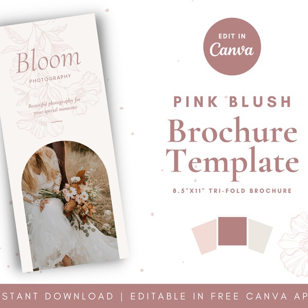 Editable Brochure Template, INSTANT DOWNLOAD, Canva Template, Printable, Blush Pink, Wedding, Boho, Business Design, Flourish Template PB001
