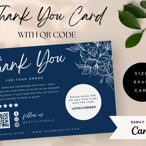 Minimalist Floral Thank You Cards: Navy Blue Cream, QR Code (Canva Template)