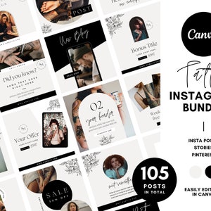 Publicaciones de Instagram sobre tatuajes, paquete de plantillas de Canva, crema blanca y negra neutra, estudio de tatuajes, boutique de negocios, cita de Instagram, redes sociales negras