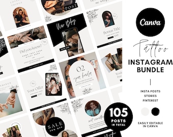 Tattoo Instagram Posts, Canva Templates Bundle, Neutral Black White Cream, Tattoo Studio, Business Boutique, Insta Quote, Black Social Media