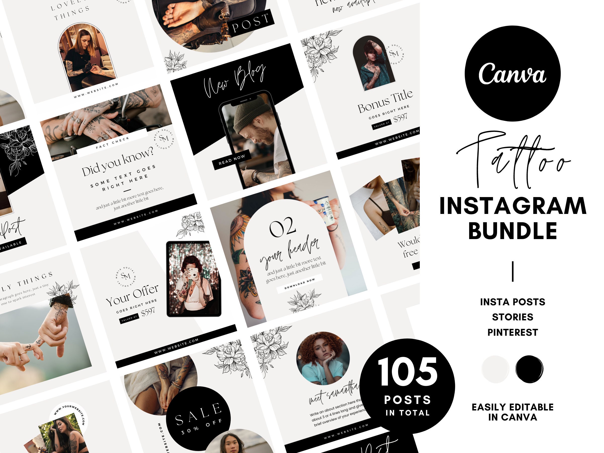 Tattoo Instagram Post Vorlagen: Neutrales Creme & Schwarzes Canva Bundle