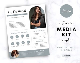 May include: A gray and white media kit template for an influencer. The template includes a photo of the influencer, demographics and statistics, services and rates, social links, and contact information. The text "Hi, I'm Rona!" is at the top of the template. The text "Influencer Media Kit Template" is at the top right of the template. The text "Fully Editable in Canva" is at the bottom of the template. The text "1 Page" is at the bottom right of the template.