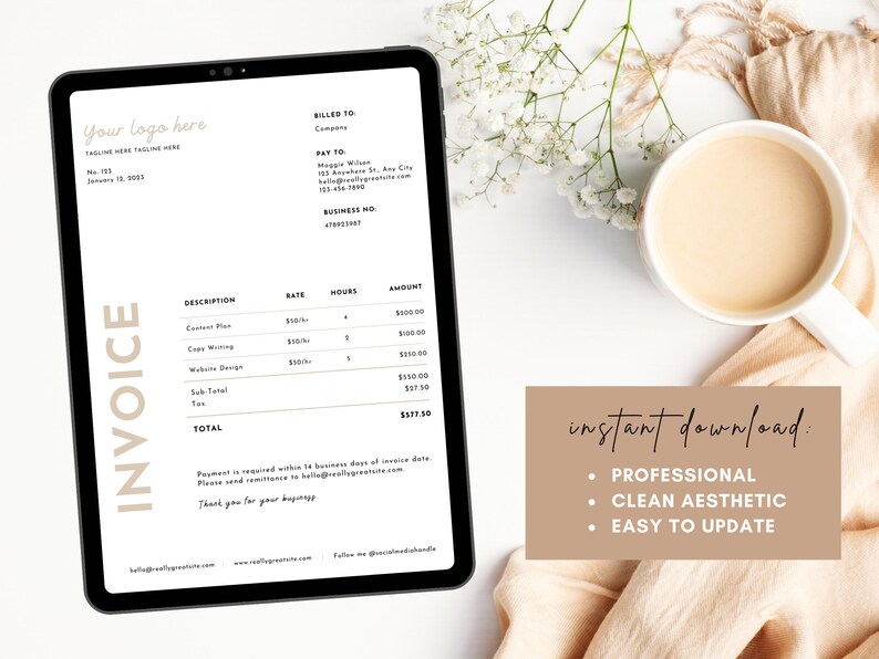 Clean Invoice Template Canva, INSTANT DOWNLOAD, Invoices for Business, Simple, Tan, Minimalist, Digital, Printable, Flourish Templates Co zdjęcie 3