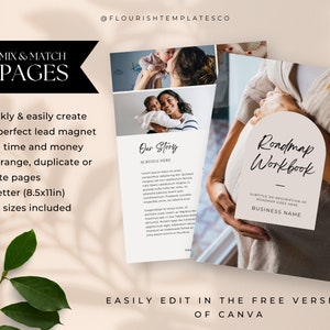 May include: A promotional image for a lead magnet template. The design features a black banner with the text "Mix & Match 20 Pages." It includes a list of features and sample pages with photos. The text "Roadmap Workbook" is also visible.