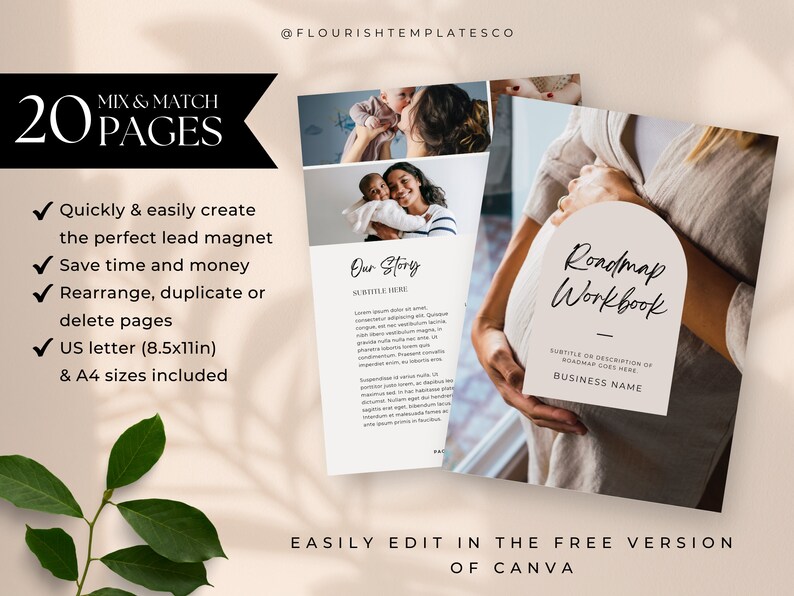 May include: A promotional image for a lead magnet template. The design features a black banner with the text "Mix & Match 20 Pages." It includes a list of features and sample pages with photos. The text "Roadmap Workbook" is also visible.