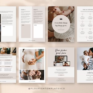 May include: A collection of digital templates with a soft, neutral color palette. The templates include pages with text, images of pregnant people, and a baby. One page features the text "From little things big things grow."