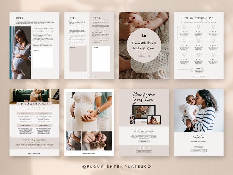 May include: A collection of digital templates with a soft, neutral color palette. The templates include pages with text, images of pregnant people, and a baby. One page features the text "From little things big things grow."