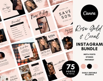 Rosé Gold Koralle Instagram Post Templates: Beauty Salon Canva Bundle