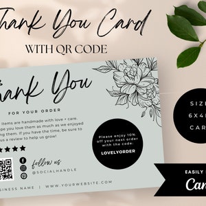 Minimalist Floral Thank You Cards: Sage & Cream, QR Code (Canva Template)