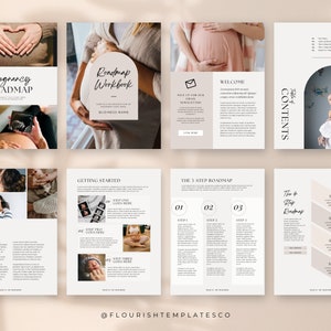 May include: A digital pregnancy roadmap and workbook template with a neutral color palette. The design includes images of pregnant people, ultrasound scans, and a newborn baby. Text includes "Pregnancy Roadmap", "Roadmap Workbook", and "Welcome".