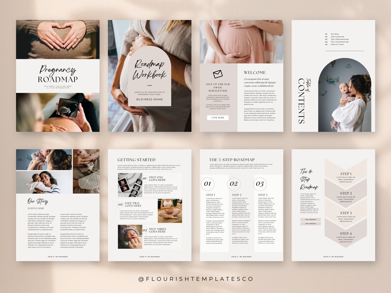 May include: A digital pregnancy roadmap and workbook template with a neutral color palette. The design includes images of pregnant people, ultrasound scans, and a newborn baby. Text includes "Pregnancy Roadmap", "Roadmap Workbook", and "Welcome".