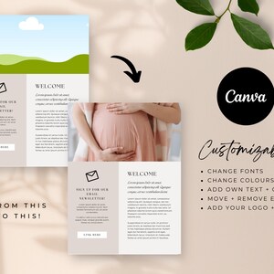 May include: A digital design template with a light beige and white color scheme. The design includes the text "WELCOME" and "SIGN UP FOR OUR EMAIL NEWSLETTER!" with a graphic of an envelope. The image also features the Canva logo and the word "Customizable".