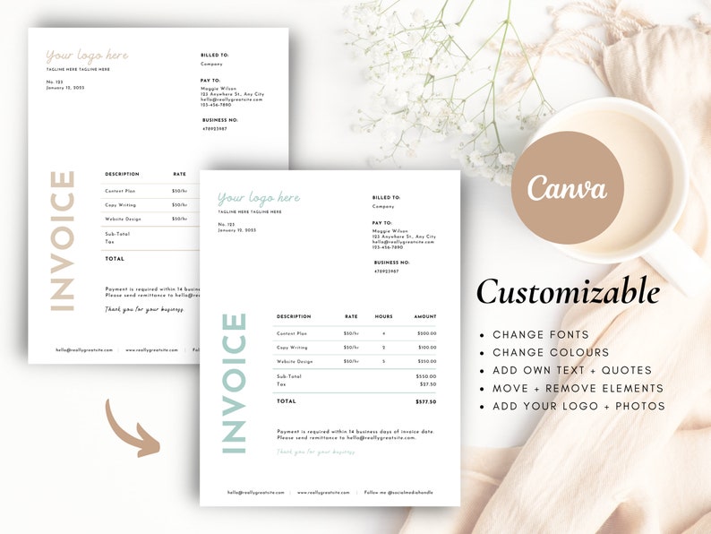 Clean Invoice Template Canva, INSTANT DOWNLOAD, Invoices for Business, Simple, Tan, Minimalist, Digital, Printable, Flourish Templates Co zdjęcie 2