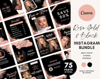 Instagram Templates Canva Beauty Salon, Canva Template, Business Rose Gold + Black, Minimal Luxury, Hair, Makeup Artist, Lashes, Skincare