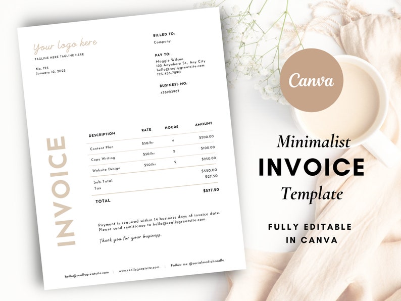 Clean Invoice Template Canva, INSTANT DOWNLOAD, Invoices for Business, Simple, Tan, Minimalist, Digital, Printable, Flourish Templates Co zdjęcie 4