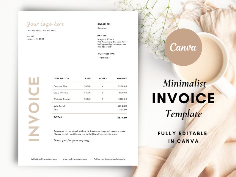 Clean Invoice Template Canva, INSTANT DOWNLOAD, Invoices for Business, Simple, Tan, Minimalist, Digital, Printable, Flourish Templates Co zdjęcie 1