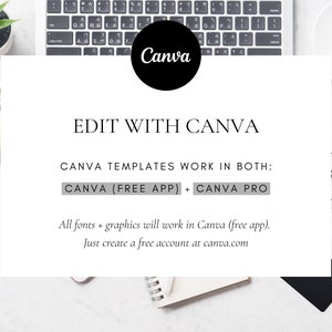May include: A white background with a laptop keyboard, a cup of coffee, and a small plant. The text "EDIT WITH CANVA" is displayed, along with information about Canva templates and the Canva app.