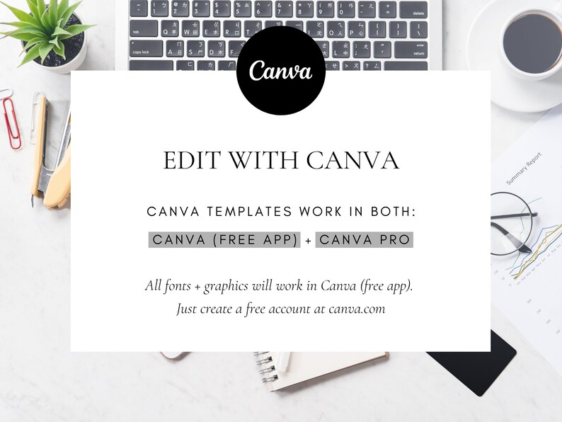 May include: A white background with a laptop keyboard, a cup of coffee, and a small plant. The text "EDIT WITH CANVA" is displayed, along with information about Canva templates and the Canva app.