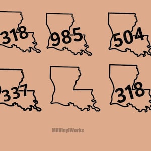 May include: A series of black outline maps of Louisiana, each featuring a different area code, such as 318, 985, 504, and 337, set against a peach-coloured backdrop. The text "MRVinylWorks" is at the bottom.