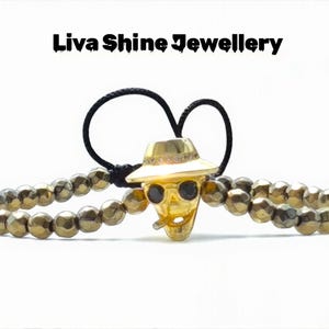 Halloween Skull Bracelet: Gold Hematite Beads, Macrame Gothic Jewelry