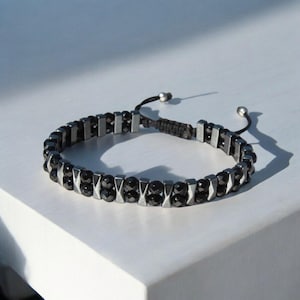Black Onyx & Silver Hematite Bracelet: Men's Macrame Grounding Jewelry