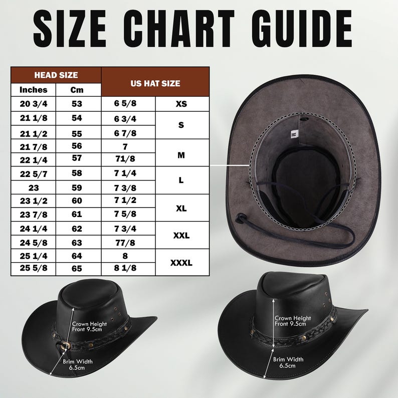 Op de afbeelding: Een maattabel voor cowboyhoeden, die de hoedmaat in inches en centimeters weergeeft, evenals de overeenkomstige Amerikaanse hoedmaat. De tabel bevat ook een diagram van een cowboyhoed met afmetingen voor de kroonhoogte en de randbreedte.
