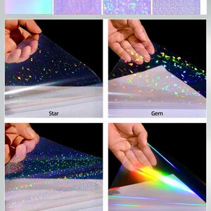 May include: Four samples of iridescent film are shown, each with a different pattern. The samples are labeled "Star", "Gem", "Dot", and "Rainbow". The "Star" sample has a speckled pattern, while the "Gem" sample has a geometric pattern. The "Dot" sample has a dotted pattern, and the "Rainbow" sample has a rainbow effect.