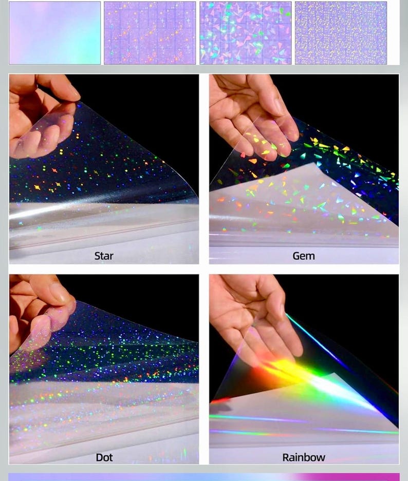 May include: Four samples of iridescent film are shown, each with a different pattern. The samples are labeled "Star", "Gem", "Dot", and "Rainbow". The "Star" sample has a speckled pattern, while the "Gem" sample has a geometric pattern. The "Dot" sample has a dotted pattern, and the "Rainbow" sample has a rainbow effect.