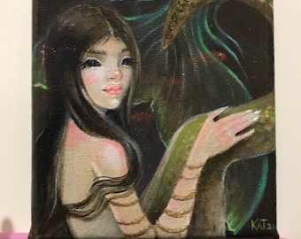 Undine, a tiny painting of a mermaid beneath the murky waters, Australia’s artist, original art