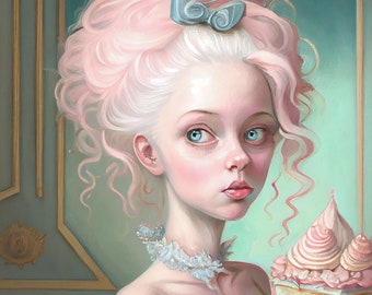 Marie Antoinette and the Pastel Cake, pastel pink, mint green, french, Versailles, Midjourney, digital art, pink hair, lowbrow art
