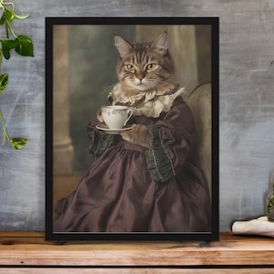 Funny Baroque Cat drinking tee – Digital Downloa, Humorous Renaissance Animal Art, Instant JPG Printable wallart, cat wallart, cat print,