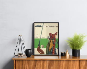 Retro Porsche Golf Wand-Kunstdruck Vintage Auto & Golf Poster für Herren Dekor Country Club Stil