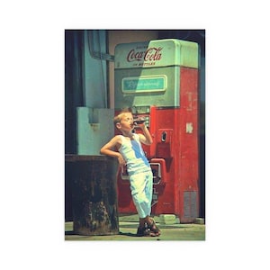 Vintage Coca-Cola Poster - Nostalgic 1950s Soda Machine Scene Retro Reproduction Print of Boy Enjoying Coca-Cola Classic Americana Wall Art