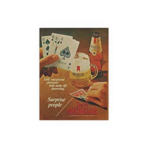 Poster vintage "Royal Flush" della birra Michelob, carta da gioco retrò, decorazione da parete per bar di metà secolo anni '70, stampa pubblicitaria di birra unica