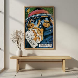Póster retro de cigarrillos Camel, anuncio de dibujos animados de los años 80 con estética de muscle car, arte mural vintage audaz para fumadores y coleccionistas.