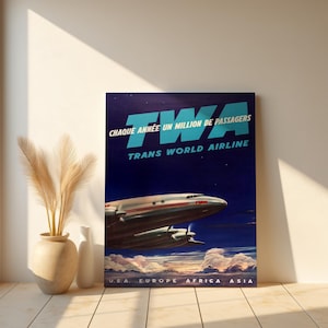 Vintage TWA Travel Poster Wall Art Retro Trans World Airlines Canvas Print, Midcentury Aviation Decor