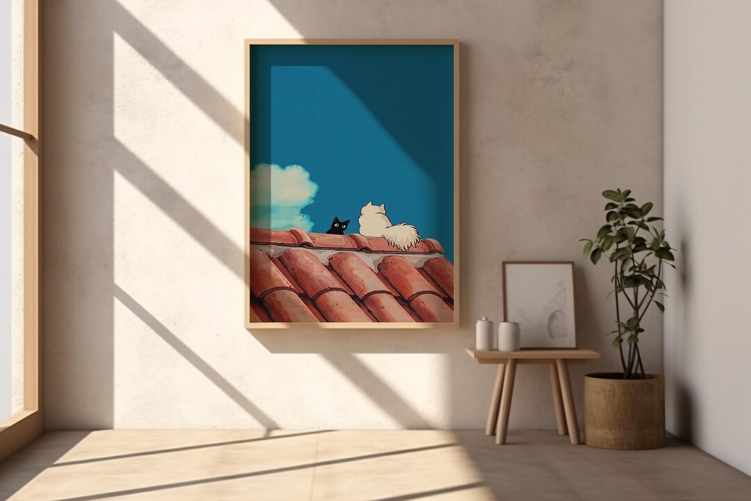 Studio Ghibli Style Cat Wall Art Anime Cats on Rooftop Poster, Cute ...