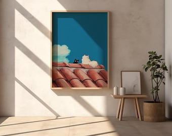 Studio Ghibli Stil Katzen Wand Kunst Anime Katzen auf dem Dach Poster, niedlicher ästhetischer japanischer Druck, digitaler Download Dekor