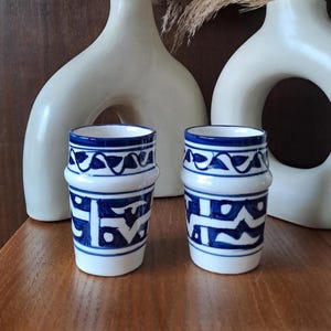 Set of 2 Traditional Moroccan Ceramic Cups – Abstract Blue Design, Handcrafted Fez Pottery for Tea or Decor