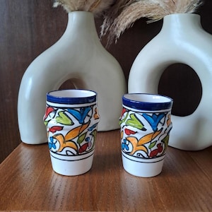 Set of 2 Floral Moroccan Ceramic Cups – Handpainted Colorful Tea Glasses, Boho Style Drinkware, Artisan Pottery Gift